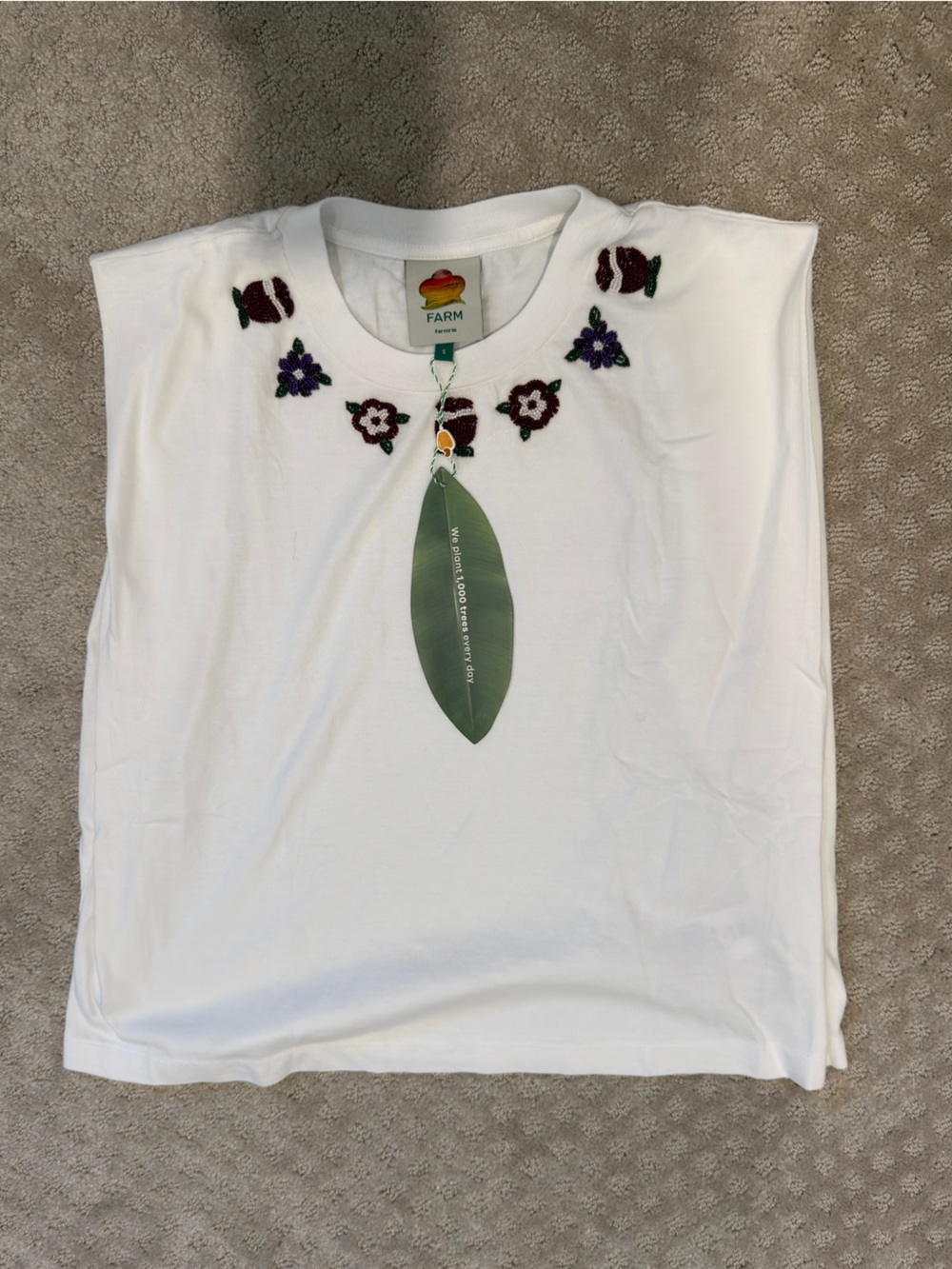 FARM Rio White Short-Sleeve Tee with Floral Beaded Details